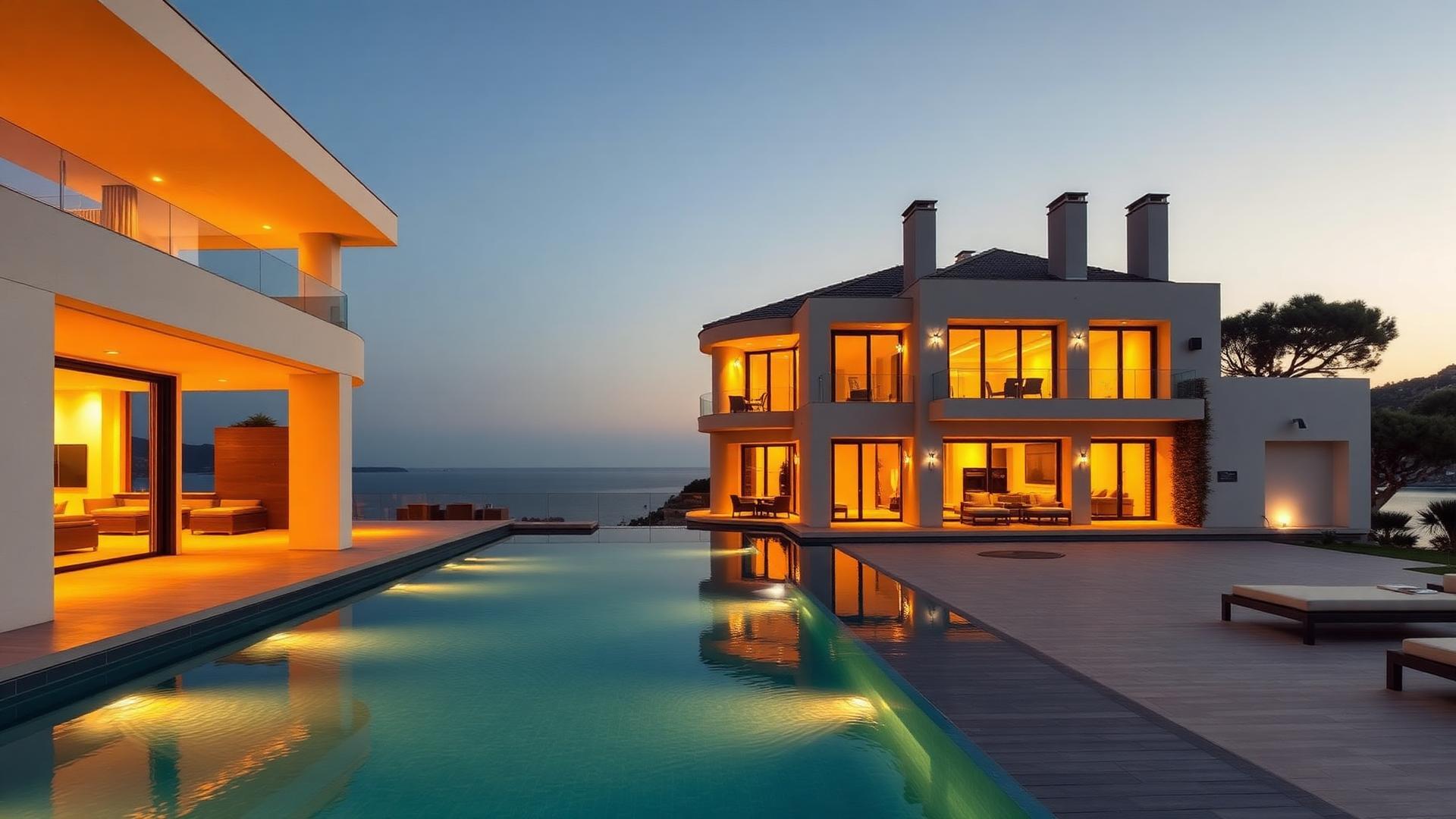 Villa de prestige avec piscine à débordement au crépuscule